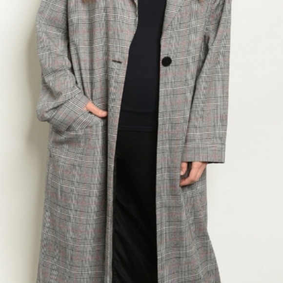 Long sleeve open front checkered long coat - Picture 3 of 3